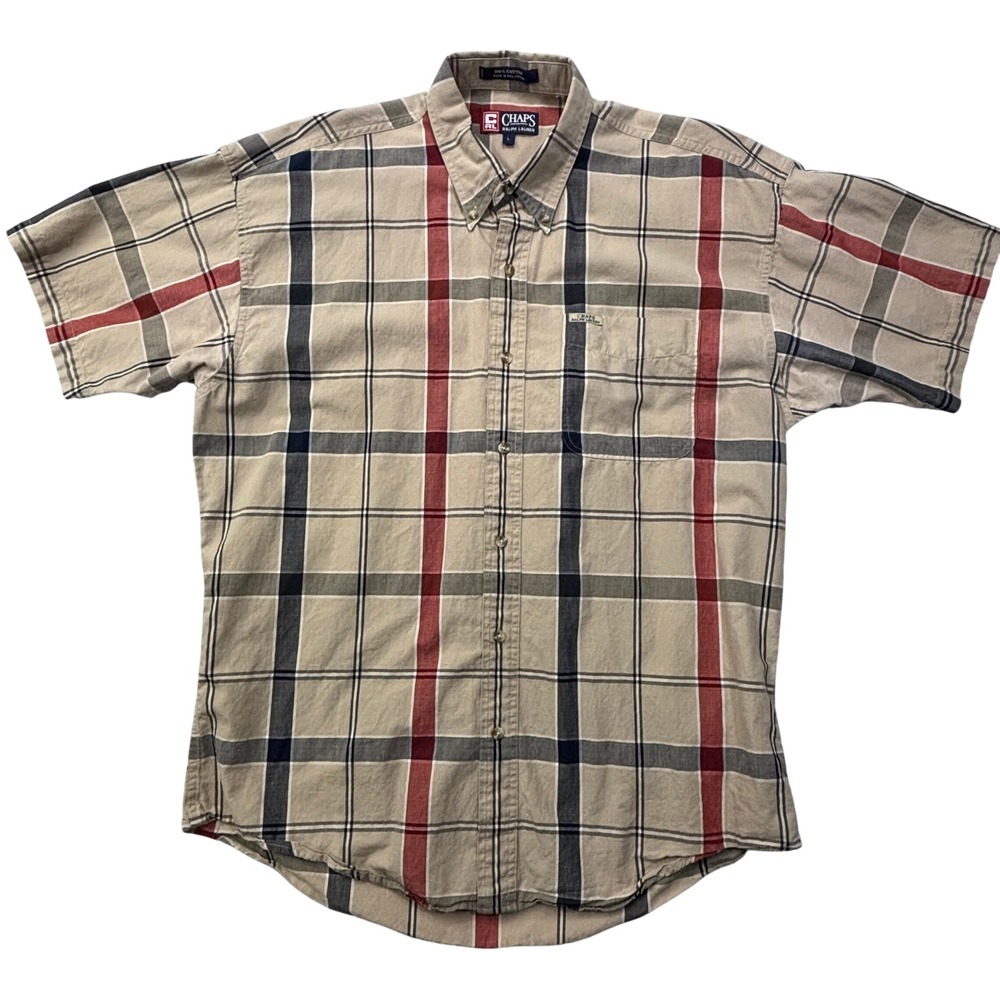 Chaps Button Down Shirt Mens L Tan Red Navy Plaid Short Sleeve 92837